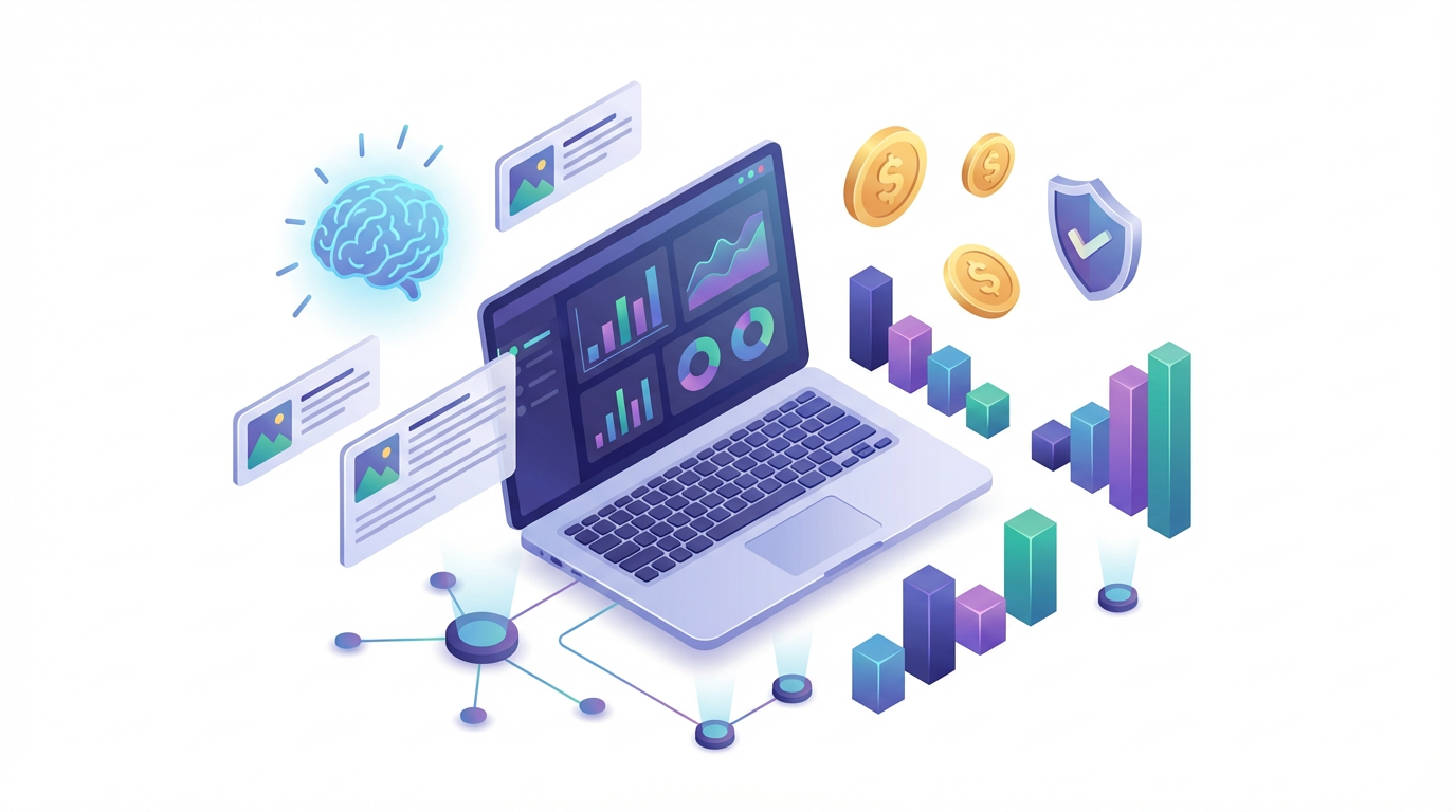 Fintech blogs and articles with charts, AI brain, and data insights